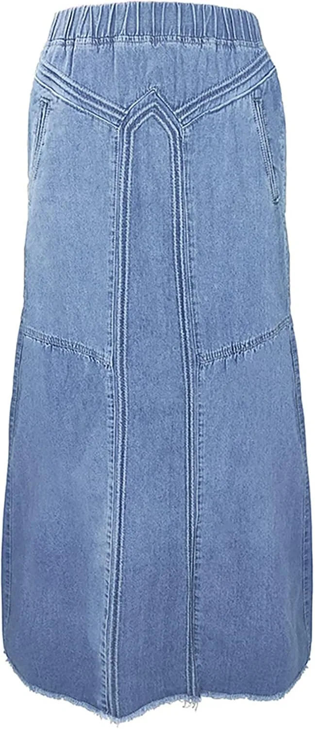JOAU Women's Casual Elastic High Waist Plus Size Denim Long Skirt Frayed Hem A-Line Distressed Hippie Pockets Maxi Skirts