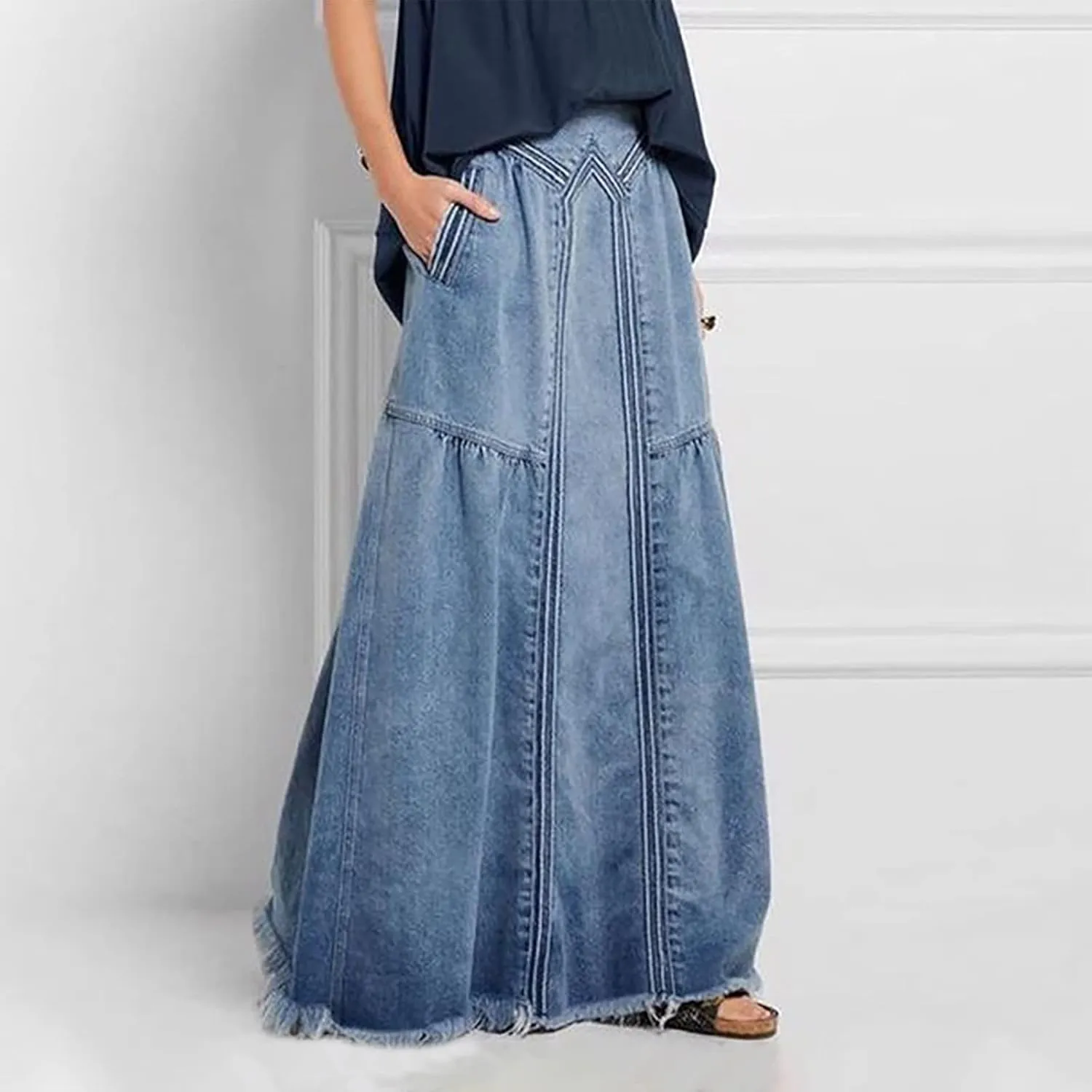 JOAU Women's Casual Elastic High Waist Plus Size Denim Long Skirt Frayed Hem A-Line Distressed Hippie Pockets Maxi Skirts