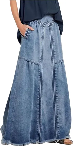 JOAU Women's Casual Elastic High Waist Plus Size Denim Long Skirt Frayed Hem A-Line Distressed Hippie Pockets Maxi Skirts