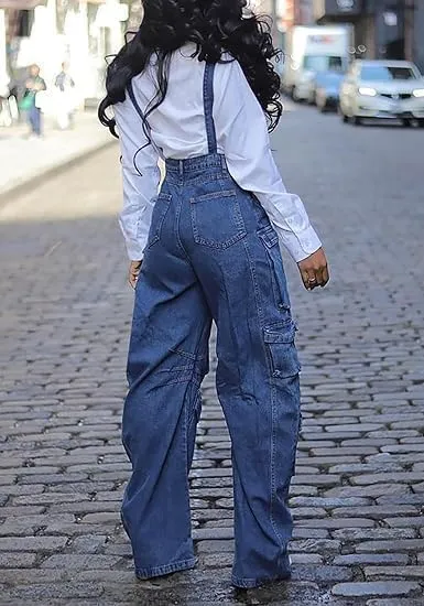 KELYWELL Women's Denim Jumpsuit Elastic Waist Straight Leg Y2K Cargo Jeans Summer Bib Jumpsuit with Pockets
