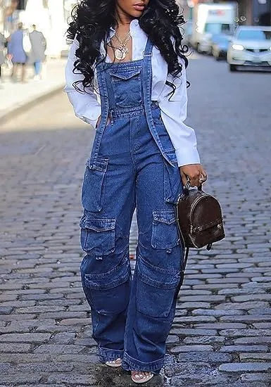 KELYWELL Women's Denim Jumpsuit Elastic Waist Straight Leg Y2K Cargo Jeans Summer Bib Jumpsuit with Pockets
