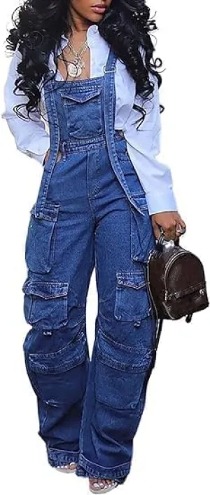 KELYWELL Women's Denim Jumpsuit Elastic Waist Straight Leg Y2K Cargo Jeans Summer Bib Jumpsuit with Pockets