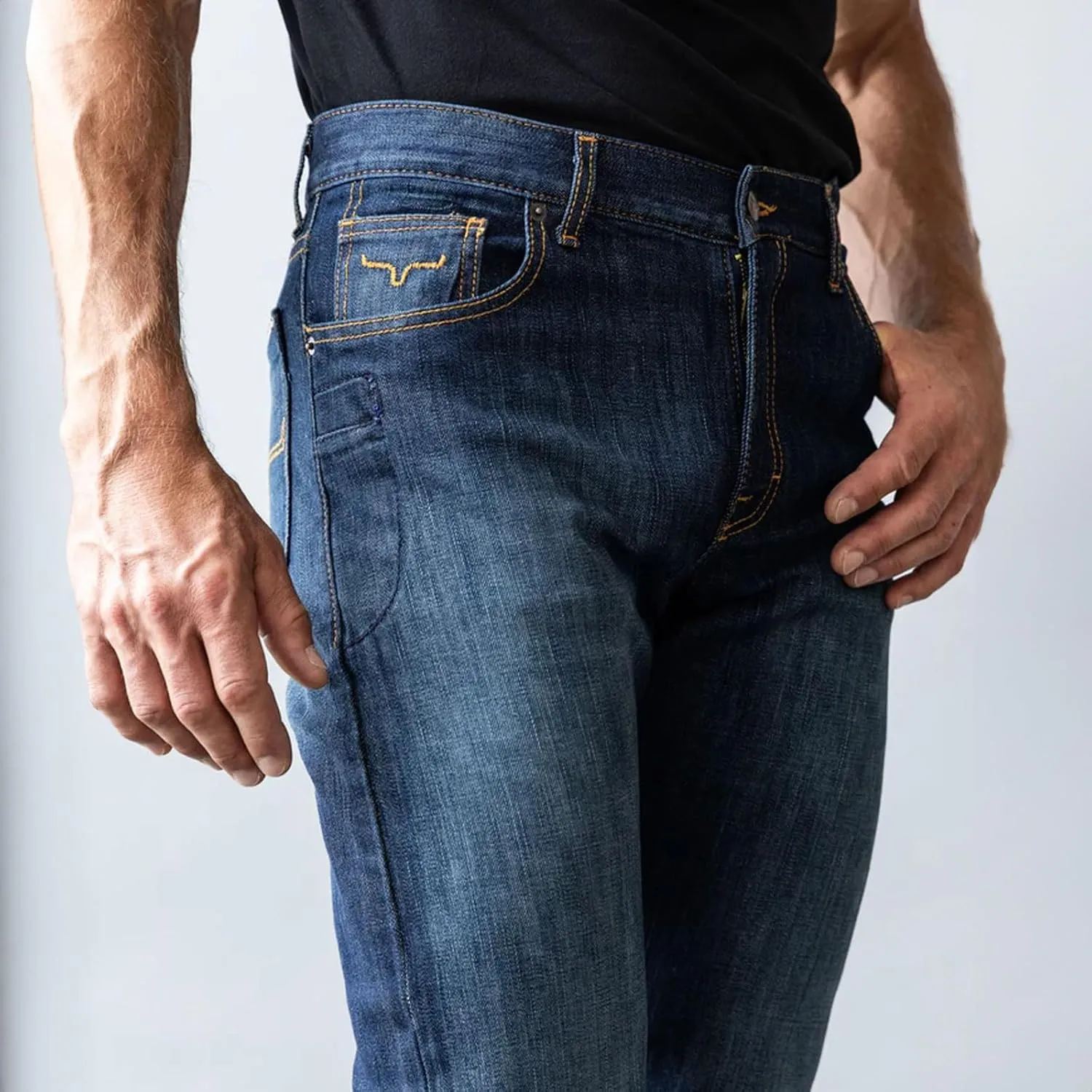 Kimes Ranch Men's Roger Casual Western Cowboy Classic Mid Low Rise Slim Fit & Boot Cut Blue Denim Jeans