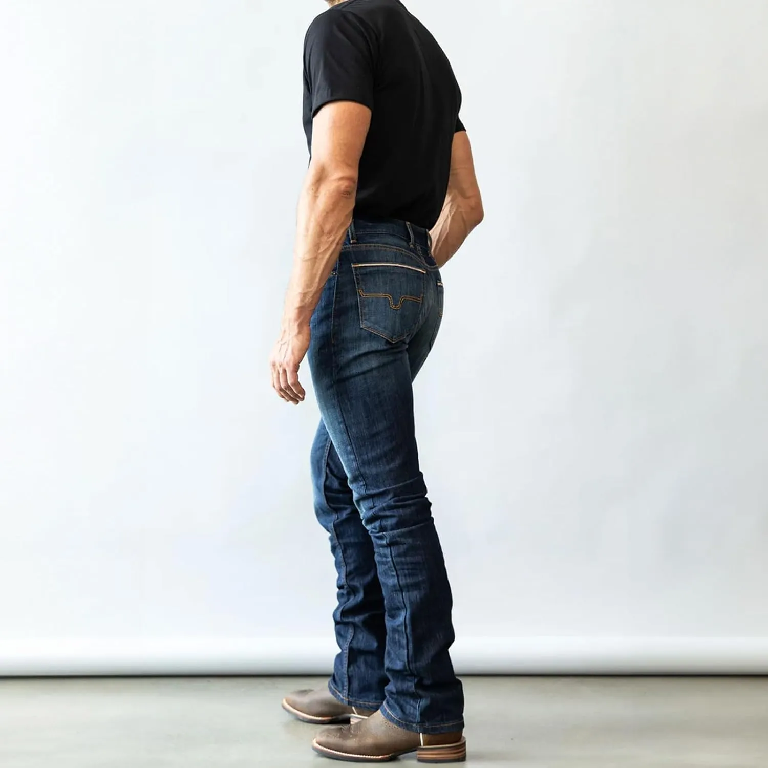 Kimes Ranch Men's Roger Casual Western Cowboy Classic Mid Low Rise Slim Fit & Boot Cut Blue Denim Jeans