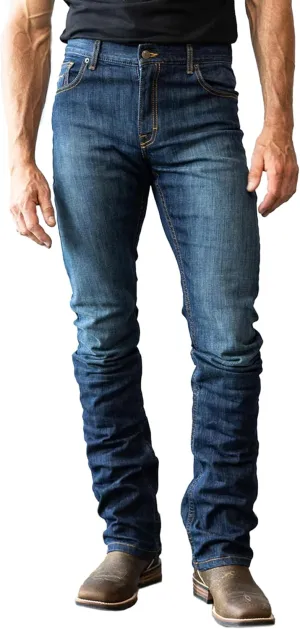 Kimes Ranch Men's Roger Casual Western Cowboy Classic Mid Low Rise Slim Fit & Boot Cut Blue Denim Jeans