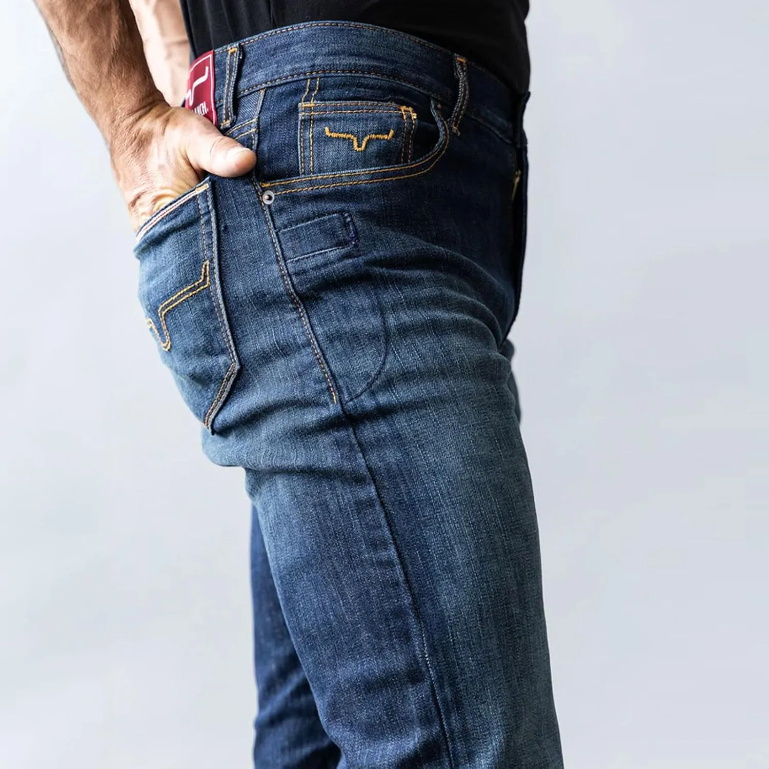 Kimes Ranch Men's Roger Casual Western Cowboy Classic Mid Low Rise Slim Fit & Boot Cut Blue Denim Jeans