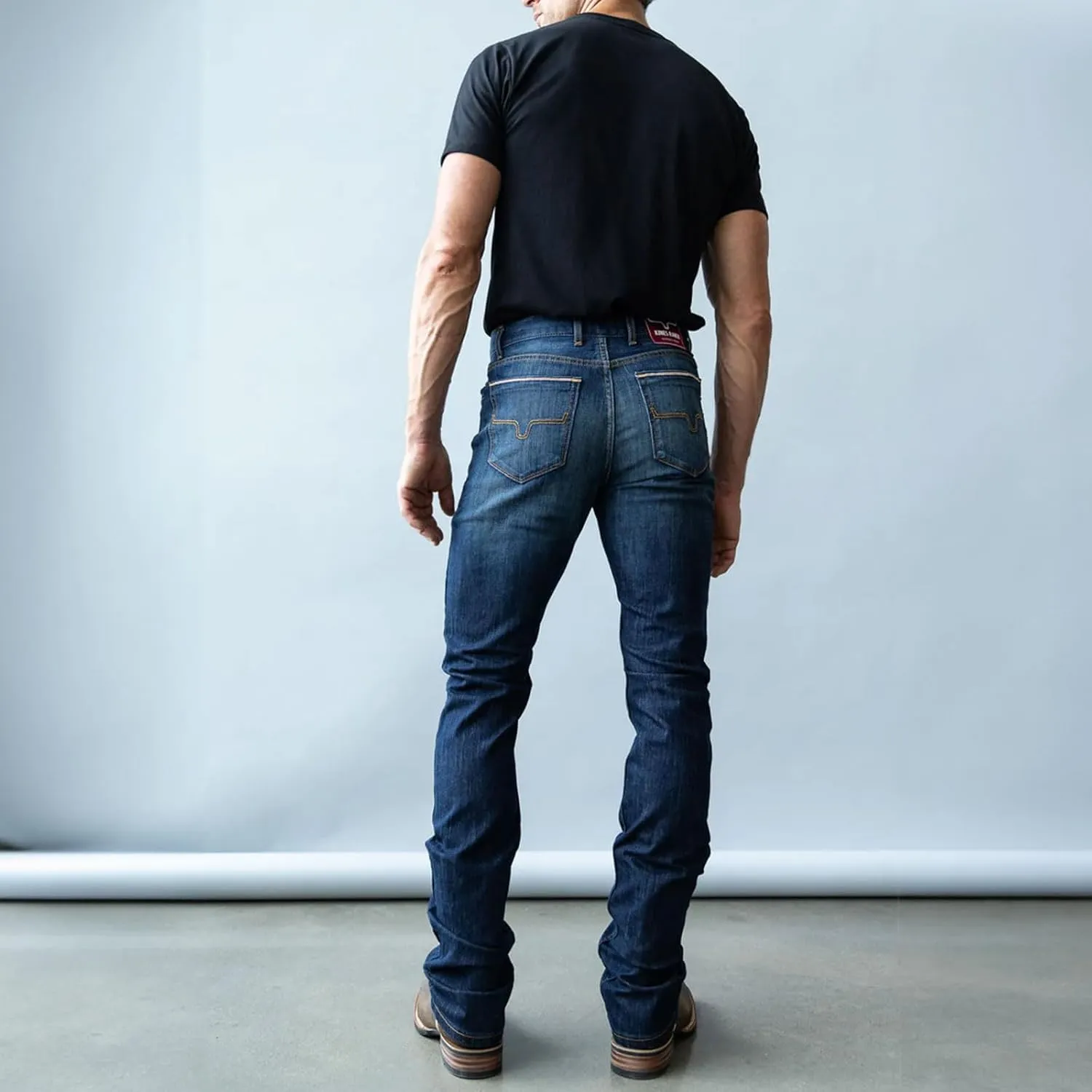 Kimes Ranch Men's Roger Casual Western Cowboy Classic Mid Low Rise Slim Fit & Boot Cut Blue Denim Jeans