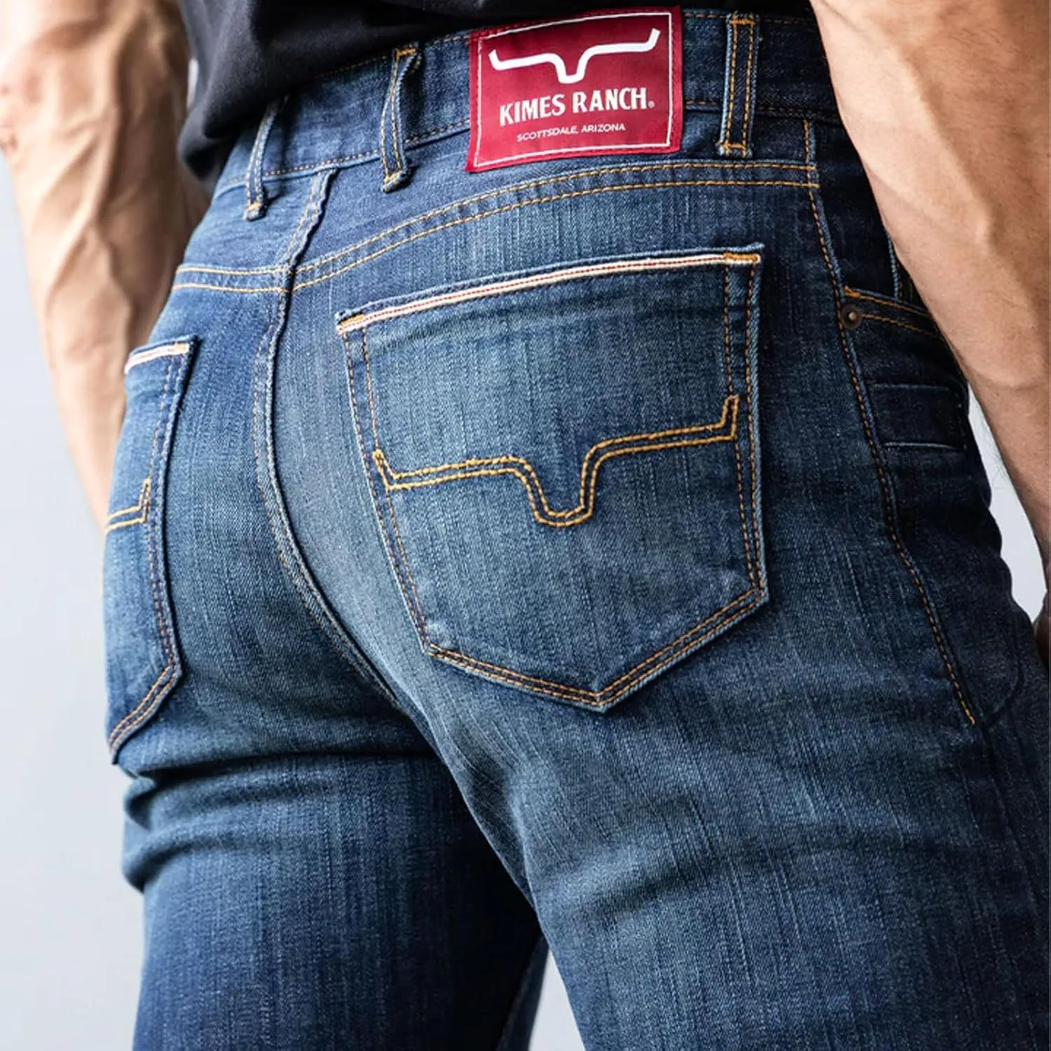Kimes Ranch Men's Roger Casual Western Cowboy Classic Mid Low Rise Slim Fit & Boot Cut Blue Denim Jeans