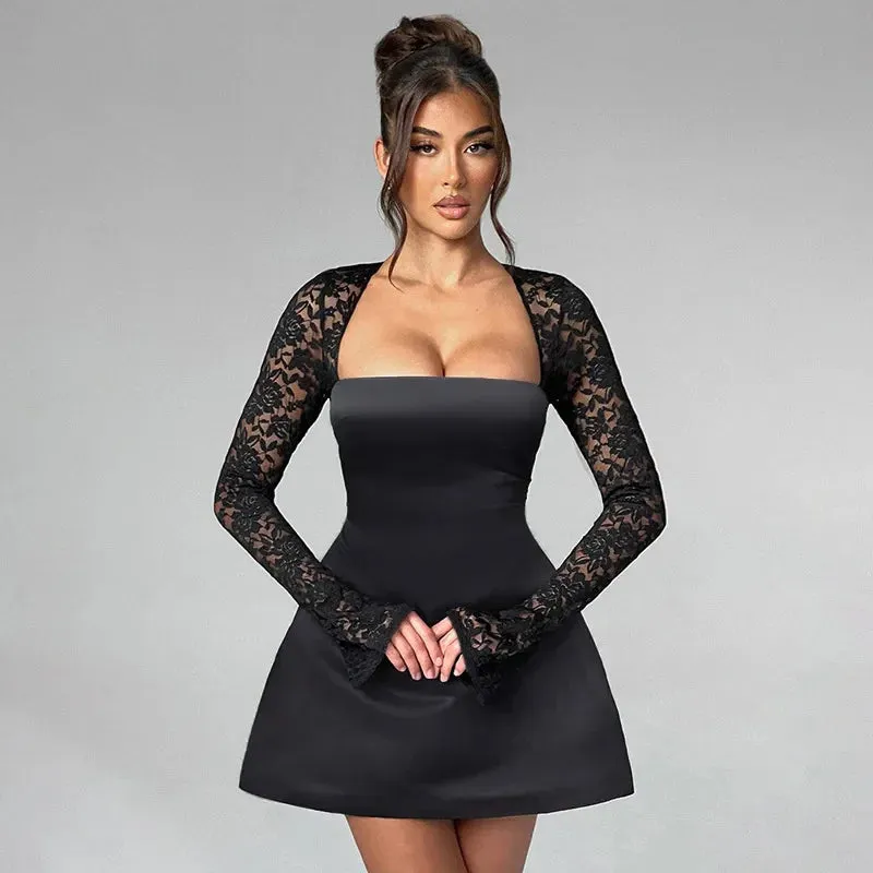 Lace Long Stylish Sleeve Mini Dress