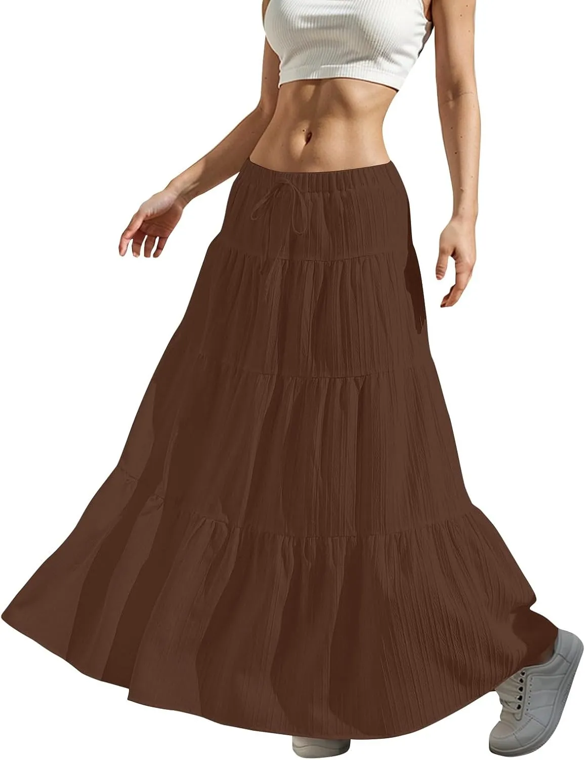 Linen Maxi Skirts for Women Summer Elastic High Waisted A-Line Long Skirt Flowy Tiered Ruffle Casual Boho Midi Skirts