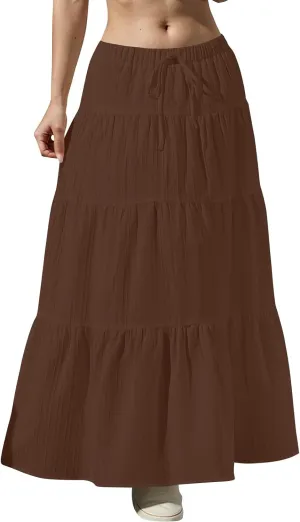 Linen Maxi Skirts for Women Summer Elastic High Waisted A-Line Long Skirt Flowy Tiered Ruffle Casual Boho Midi Skirts