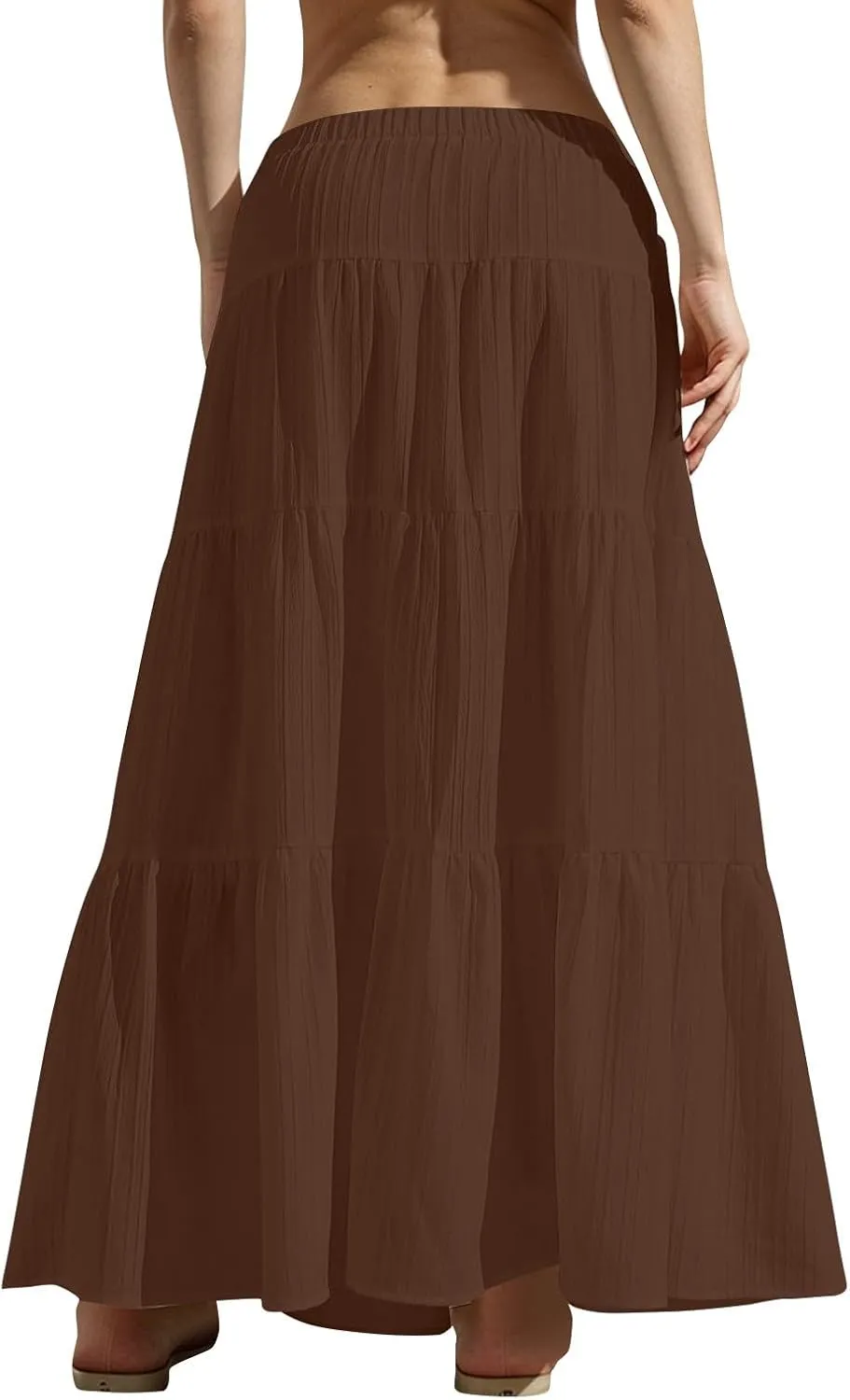 Linen Maxi Skirts for Women Summer Elastic High Waisted A-Line Long Skirt Flowy Tiered Ruffle Casual Boho Midi Skirts