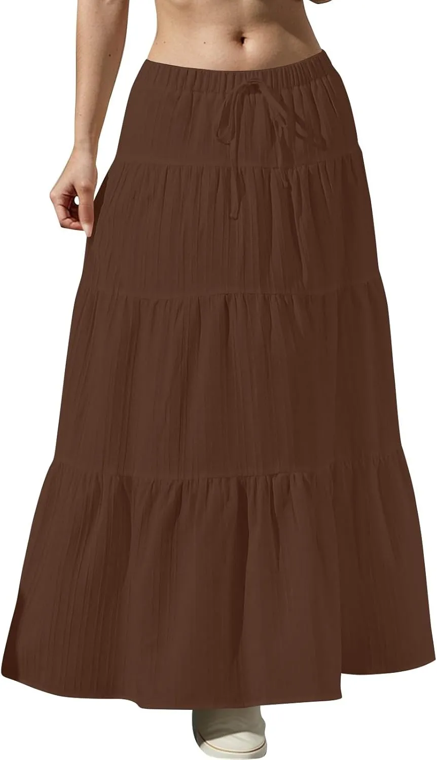 Linen Maxi Skirts for Women Summer Elastic High Waisted A-Line Long Skirt Flowy Tiered Ruffle Casual Boho Midi Skirts