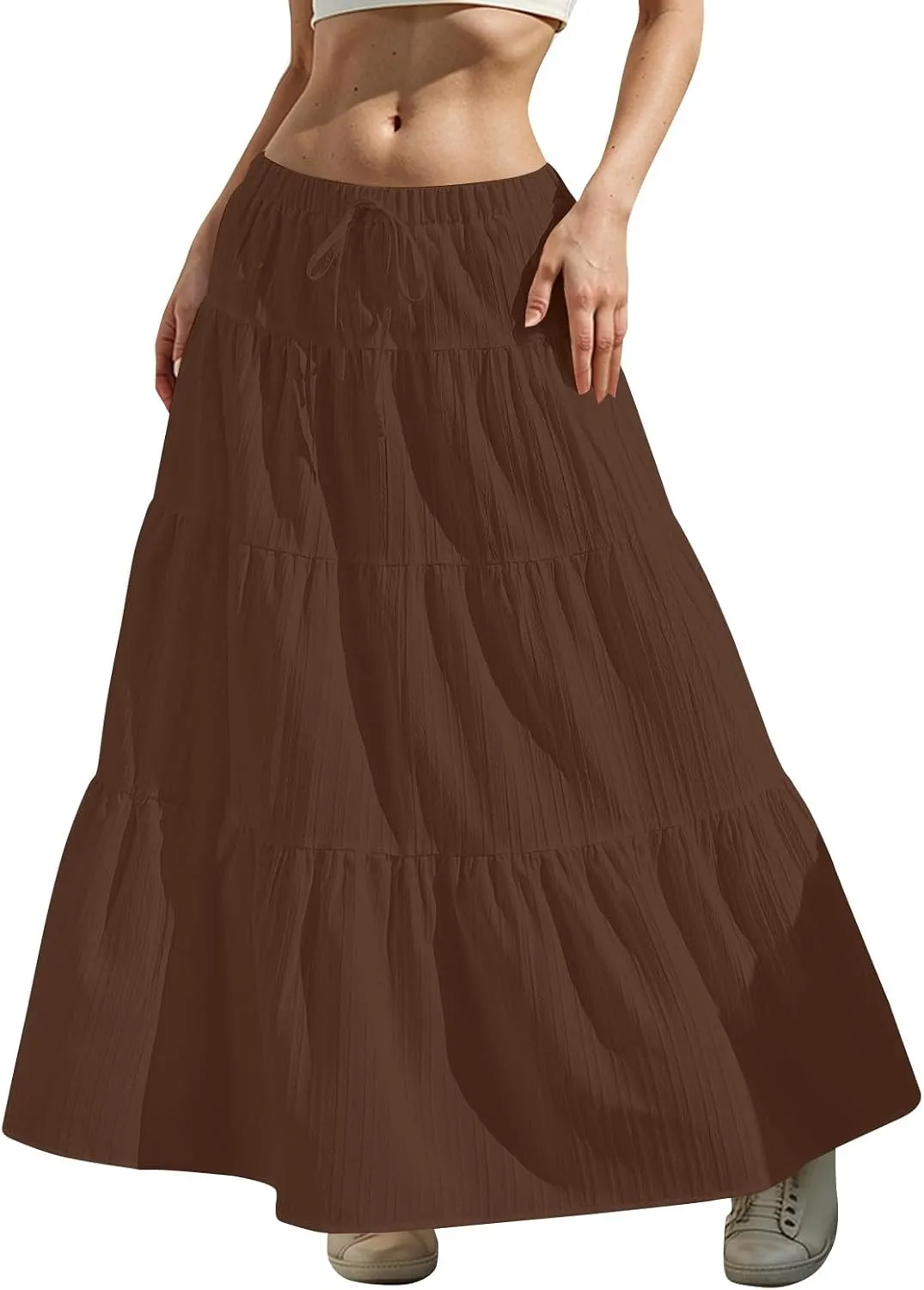 Linen Maxi Skirts for Women Summer Elastic High Waisted A-Line Long Skirt Flowy Tiered Ruffle Casual Boho Midi Skirts