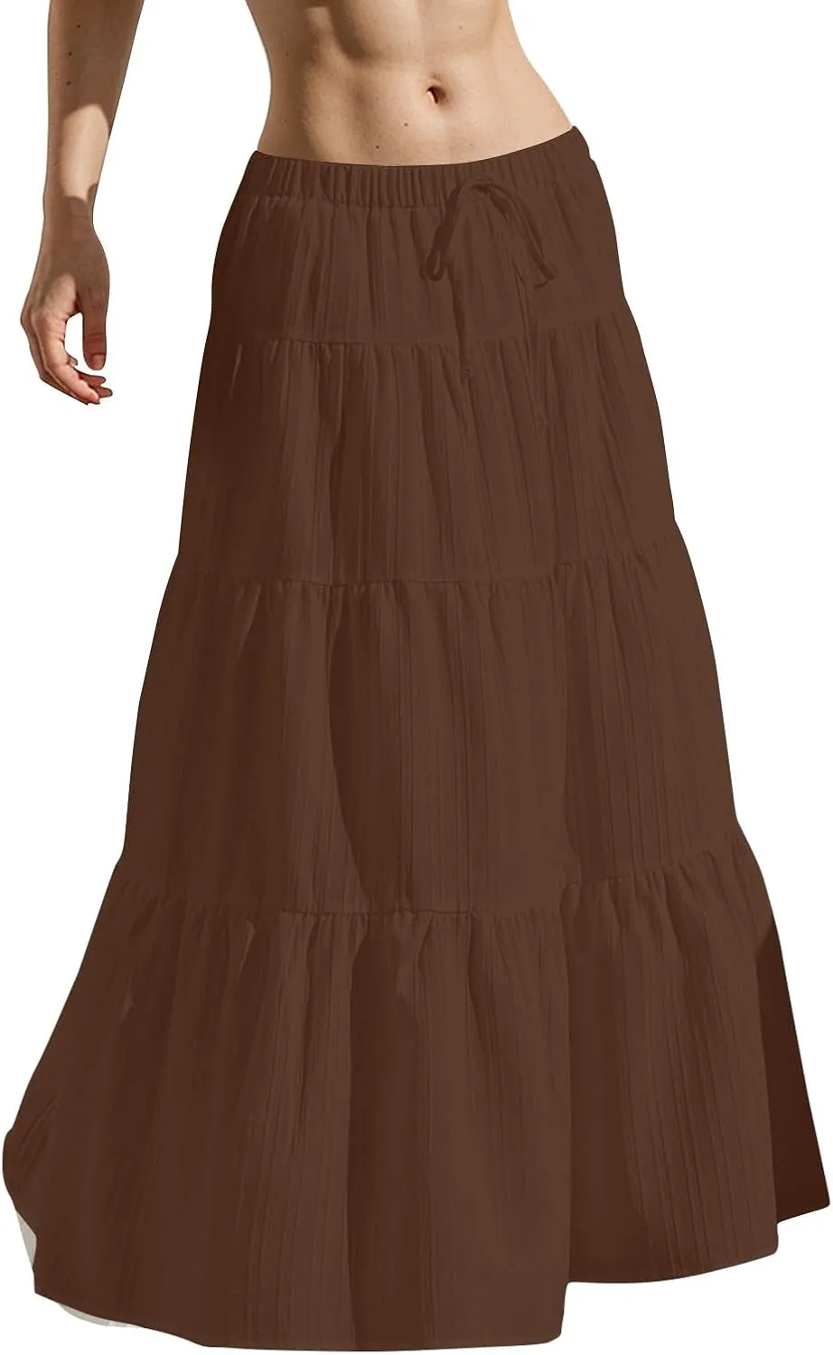 Linen Maxi Skirts for Women Summer Elastic High Waisted A-Line Long Skirt Flowy Tiered Ruffle Casual Boho Midi Skirts
