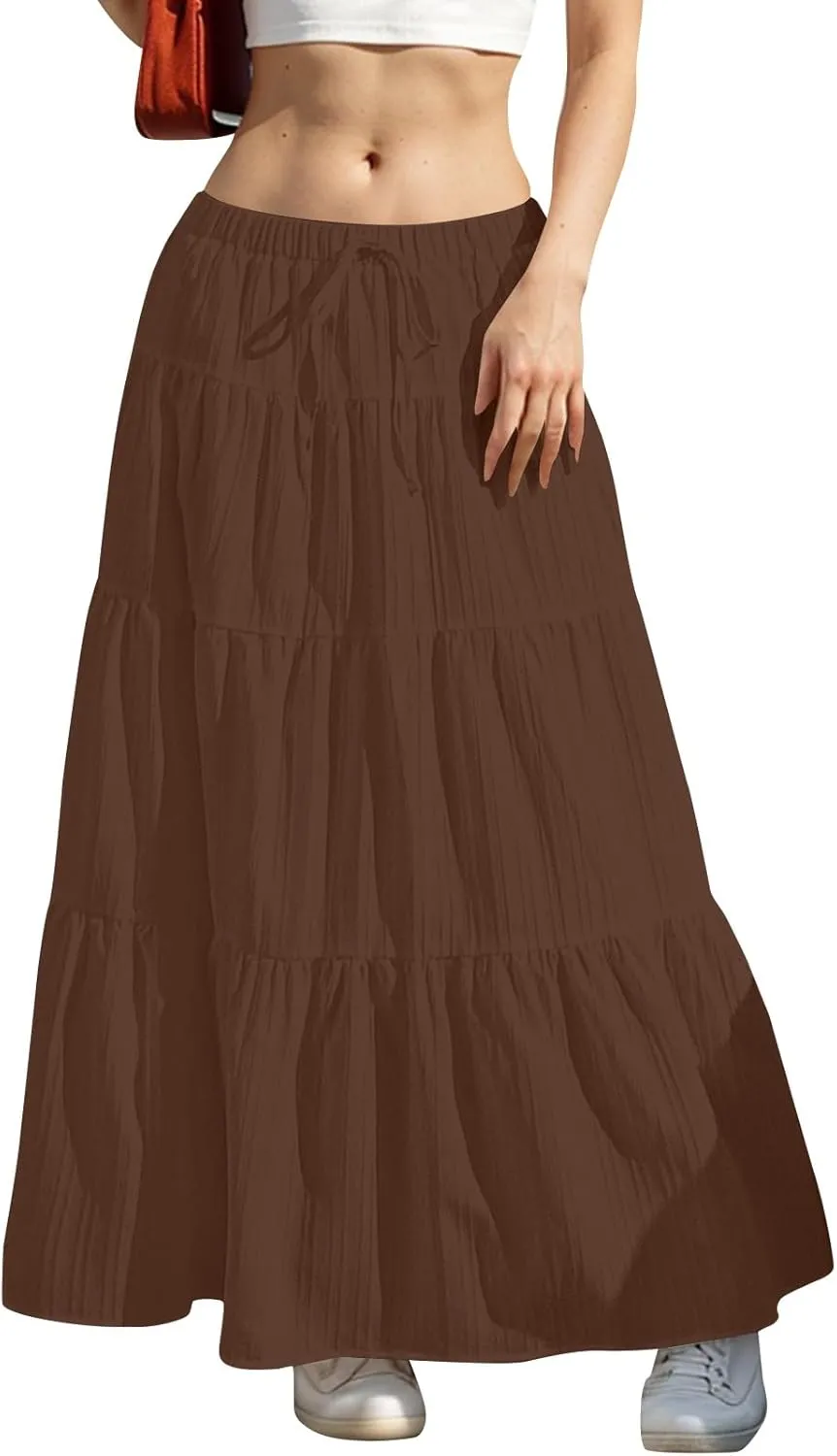 Linen Maxi Skirts for Women Summer Elastic High Waisted A-Line Long Skirt Flowy Tiered Ruffle Casual Boho Midi Skirts