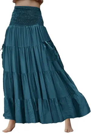 Maxi Skirt for Women Elastic Wrap Waist Beach Flowy Long Skirts with Pockets Casual Boho Ruched A-Line Dress