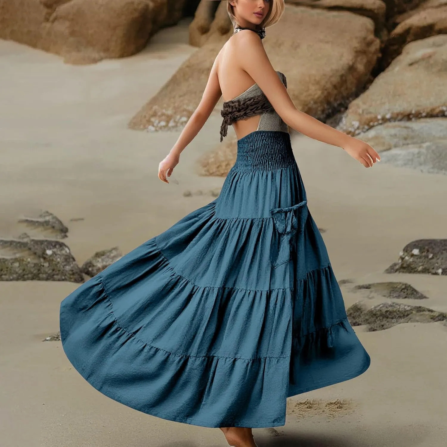 Maxi Skirt for Women Elastic Wrap Waist Beach Flowy Long Skirts with Pockets Casual Boho Ruched A-Line Dress