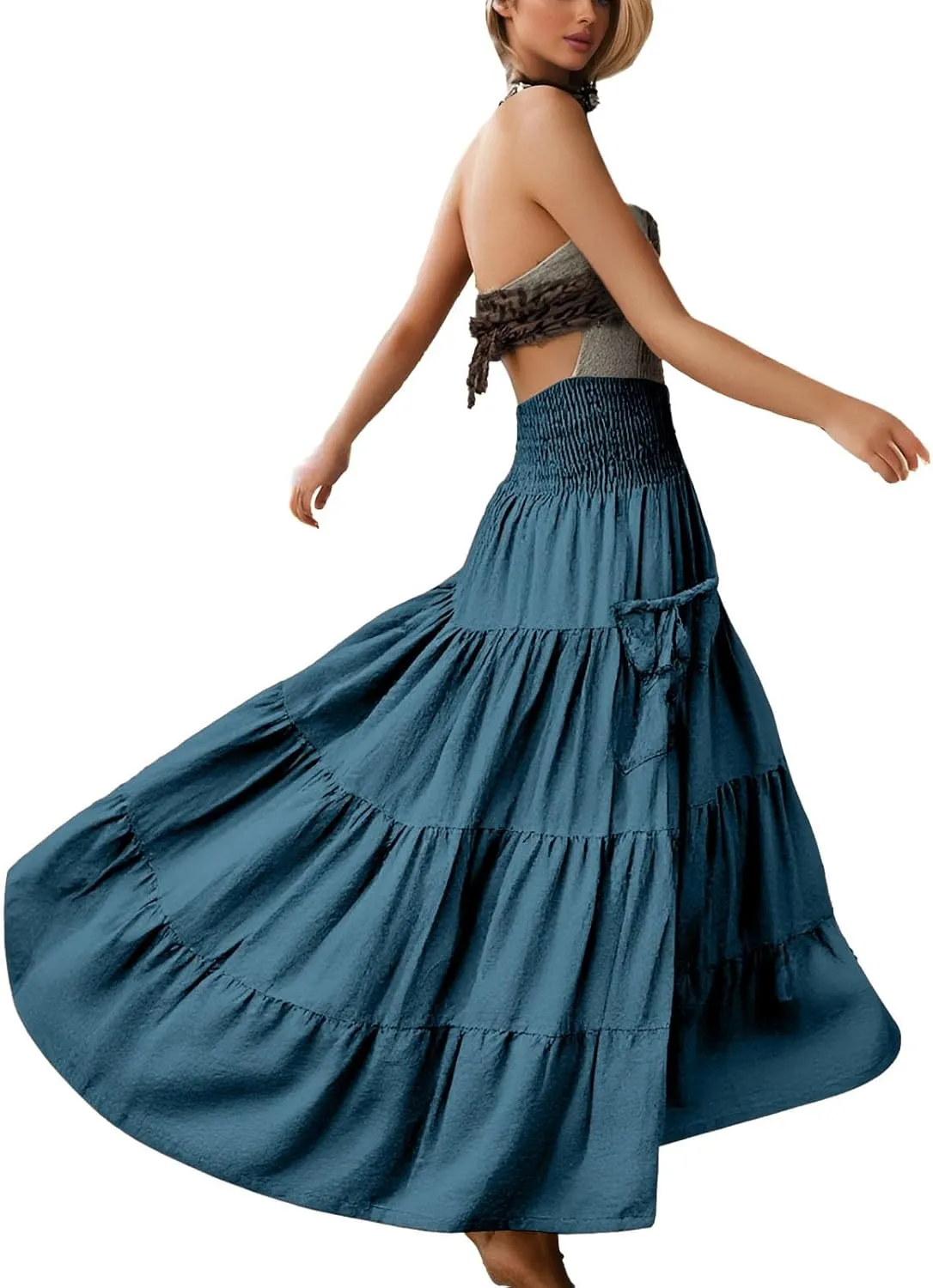 Maxi Skirt for Women Elastic Wrap Waist Beach Flowy Long Skirts with Pockets Casual Boho Ruched A-Line Dress