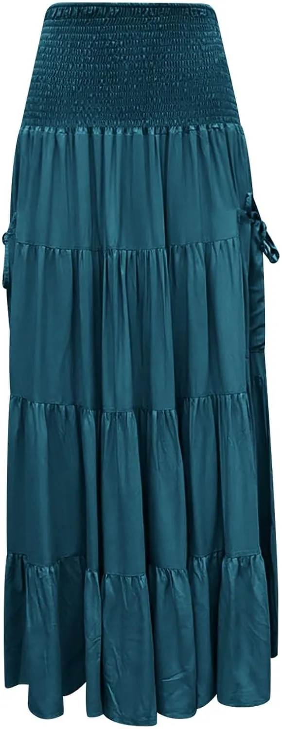 Maxi Skirt for Women Elastic Wrap Waist Beach Flowy Long Skirts with Pockets Casual Boho Ruched A-Line Dress