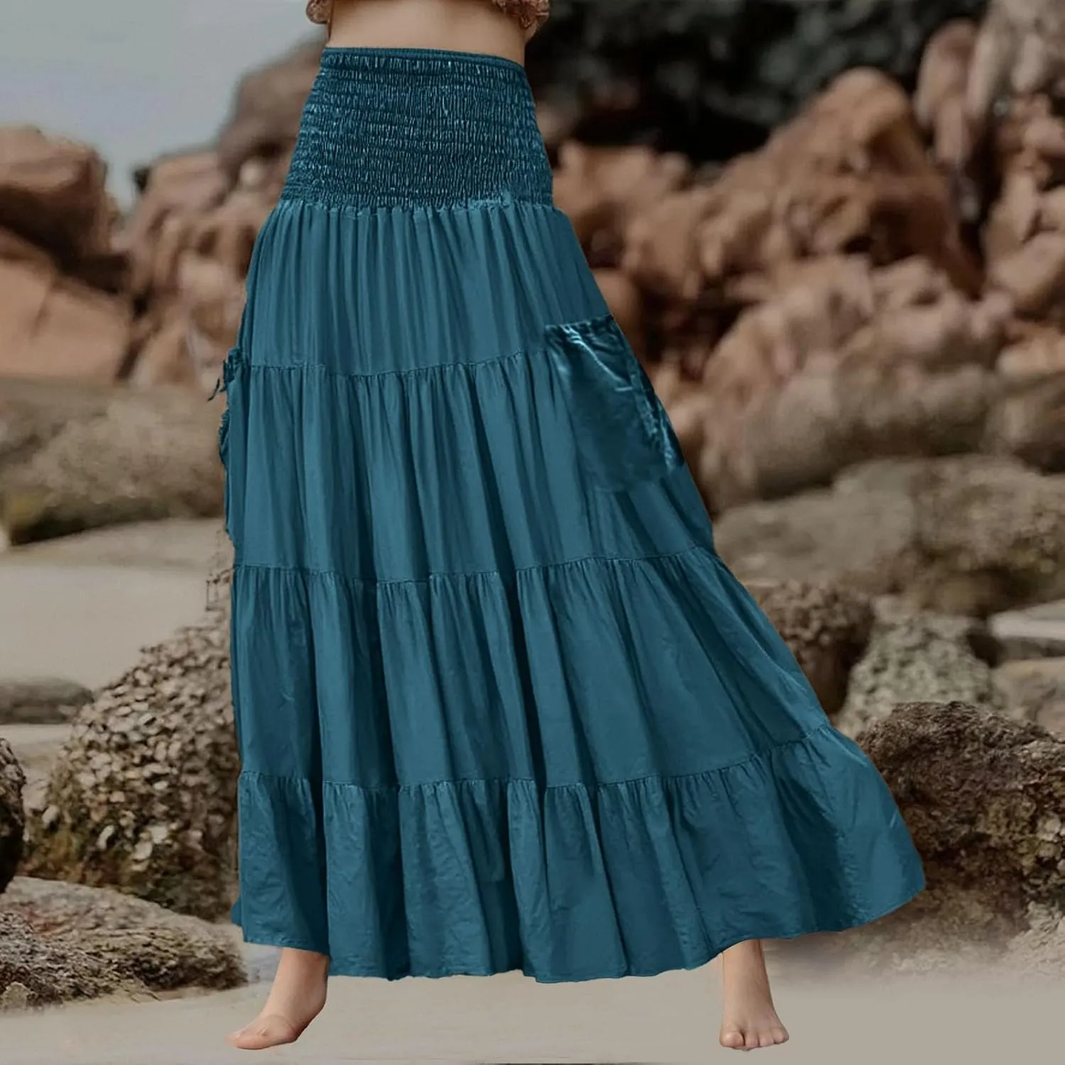 Maxi Skirt for Women Elastic Wrap Waist Beach Flowy Long Skirts with Pockets Casual Boho Ruched A-Line Dress