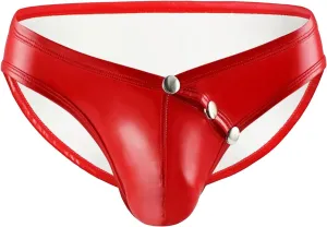 Men's Leather Lingerie Thong Sexy Wetlook Jockstrap Briefs Low Waist G-Strings Naughty Bulge Pouch Underwear Pants (Red,Large)