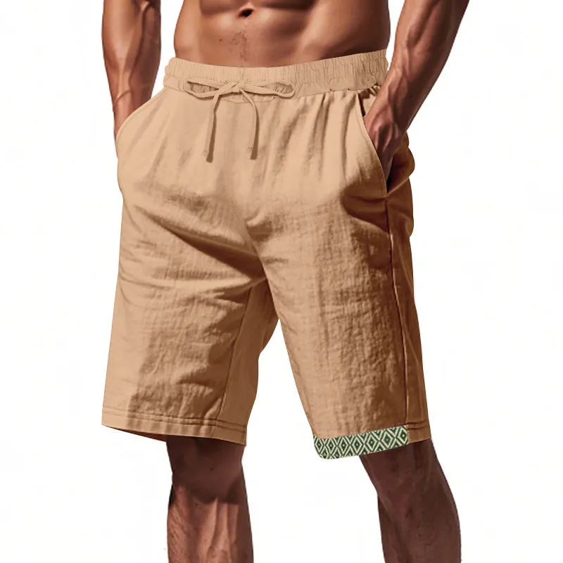 Mens Linen Shorts  Loose Fit  Breathable  Drawstring Waist  Boho Hem Trim