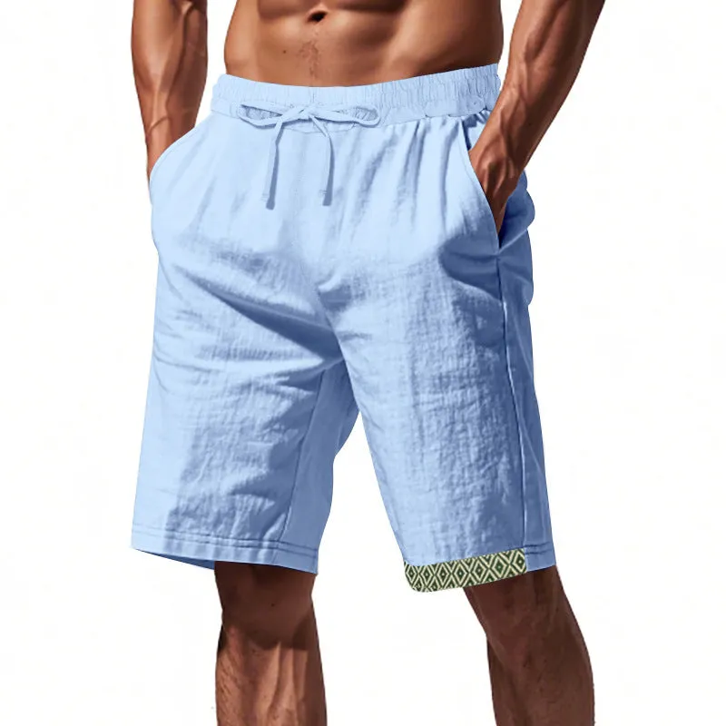 Mens Linen Shorts  Loose Fit  Breathable  Drawstring Waist  Boho Hem Trim