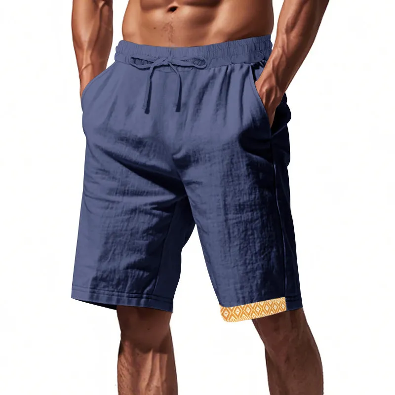 Mens Linen Shorts  Loose Fit  Breathable  Drawstring Waist  Boho Hem Trim