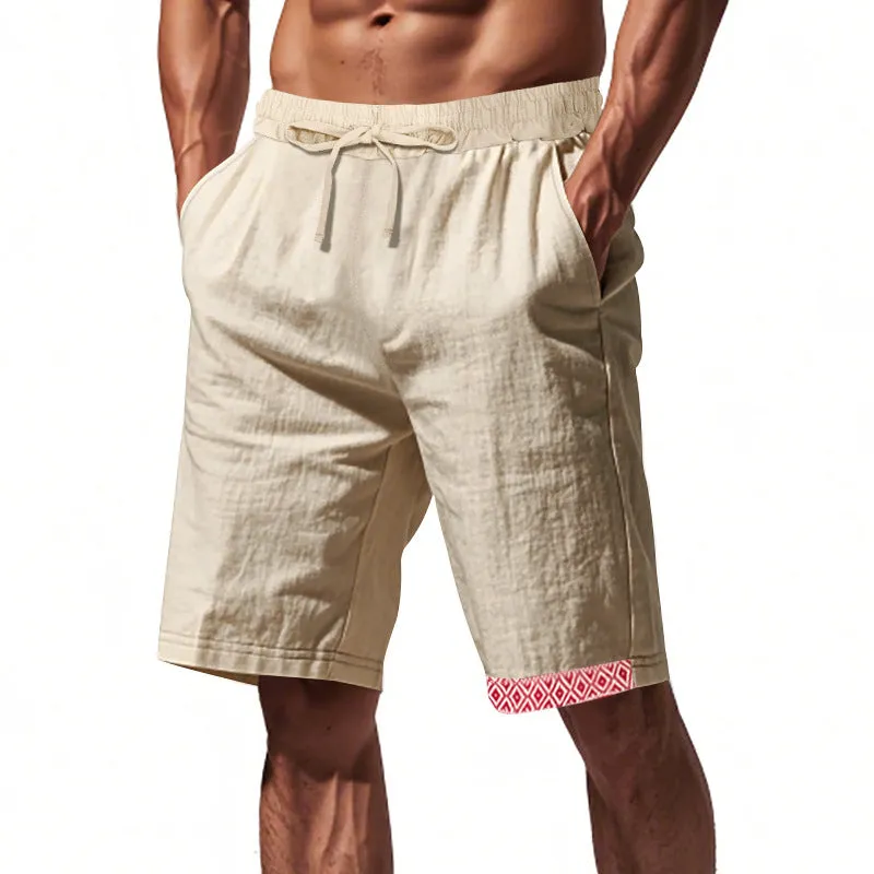 Mens Linen Shorts  Loose Fit  Breathable  Drawstring Waist  Boho Hem Trim
