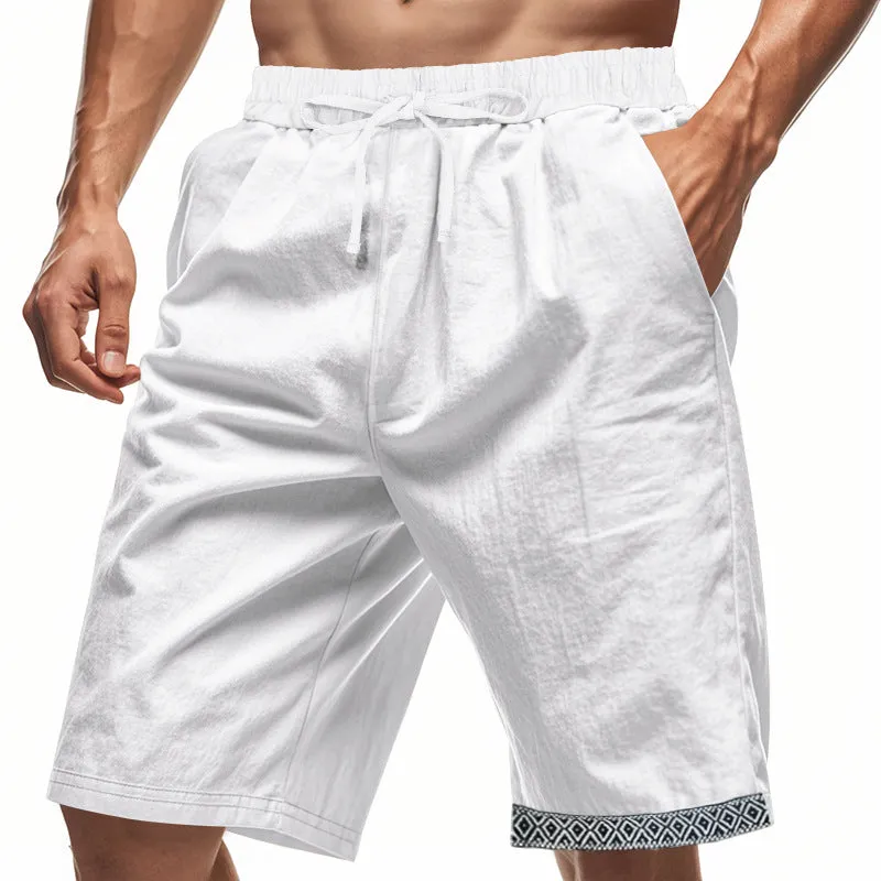 Mens Linen Shorts  Loose Fit  Breathable  Drawstring Waist  Boho Hem Trim