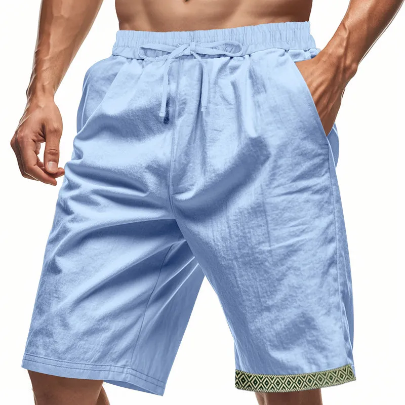 Mens Linen Shorts  Loose Fit  Breathable  Drawstring Waist  Boho Hem Trim