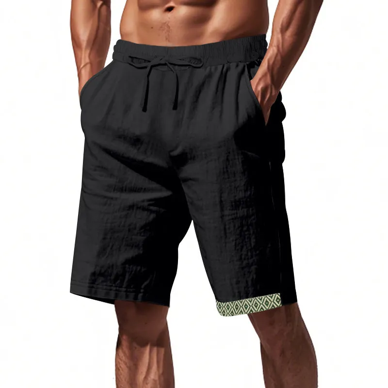 Mens Linen Shorts  Loose Fit  Breathable  Drawstring Waist  Boho Hem Trim