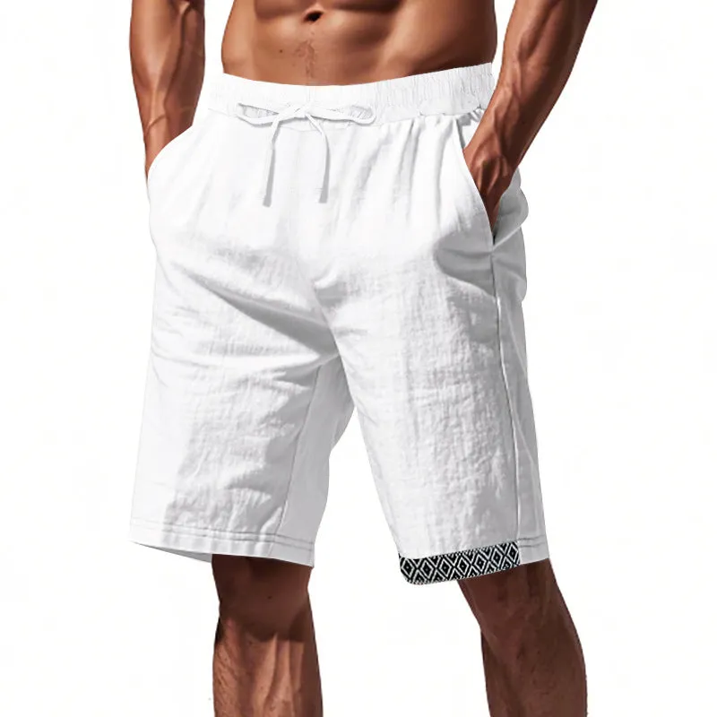 Mens Linen Shorts  Loose Fit  Breathable  Drawstring Waist  Boho Hem Trim