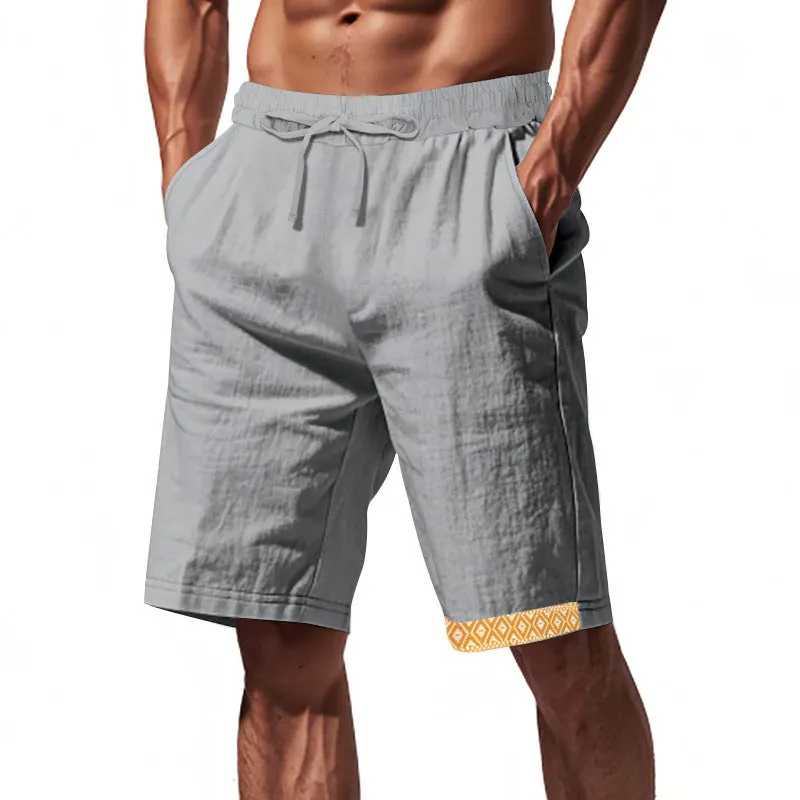 Mens Linen Shorts  Loose Fit  Breathable  Drawstring Waist  Boho Hem Trim