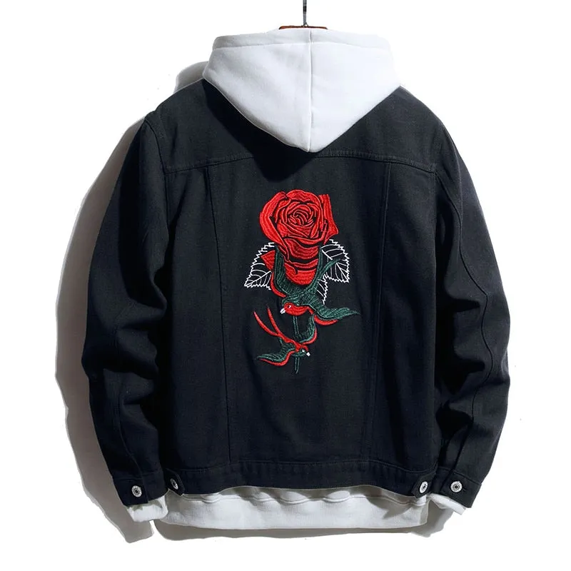 Men's Rose Flower Bird Embroidery Black Jean Jacket Trendy Denim Coat Top Outerwear