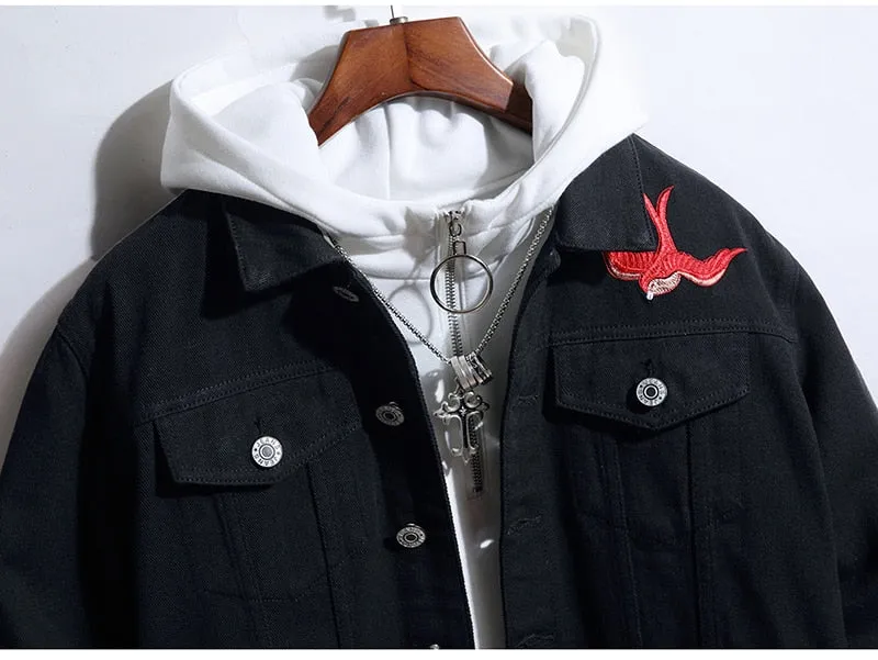 Men's Rose Flower Bird Embroidery Black Jean Jacket Trendy Denim Coat Top Outerwear