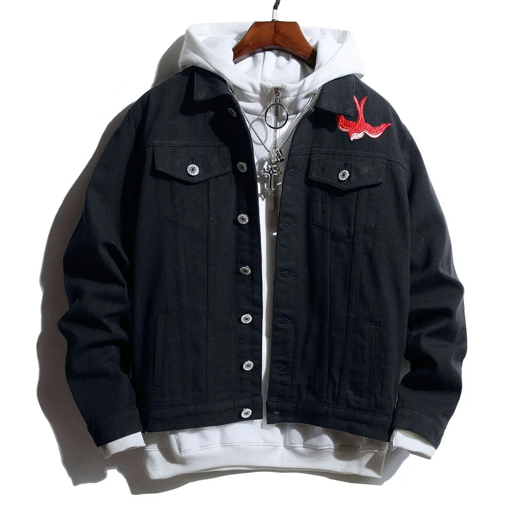 Men's Rose Flower Bird Embroidery Black Jean Jacket Trendy Denim Coat Top Outerwear