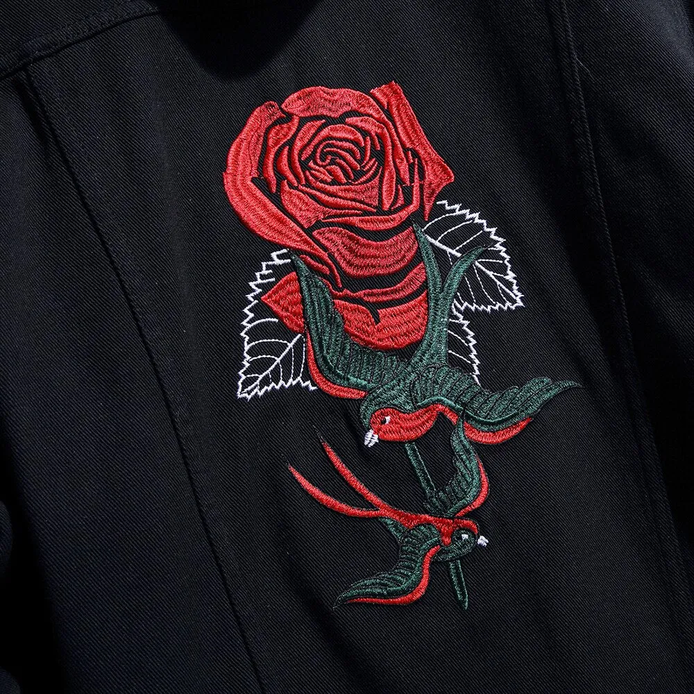 Men's Rose Flower Bird Embroidery Black Jean Jacket Trendy Denim Coat Top Outerwear