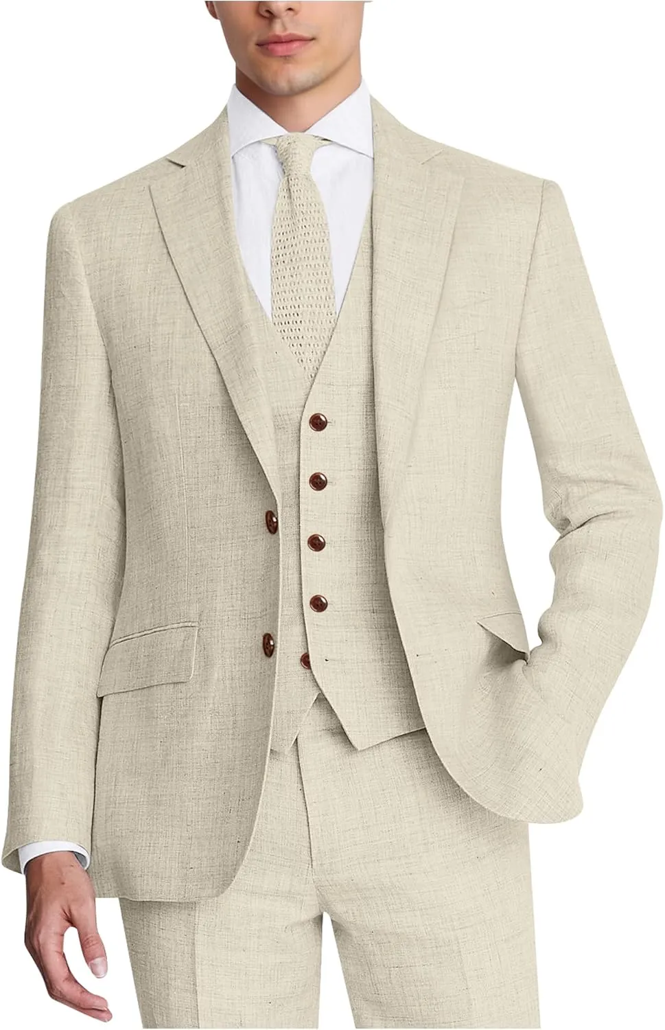 Men's Suit 3 Piece Linen Suits Slim Fit Suit Blazer Vest Pants Set Wedding Prom Tuxedos Business Casual Suit