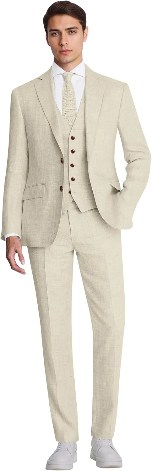 Men's Suit 3 Piece Linen Suits Slim Fit Suit Blazer Vest Pants Set Wedding Prom Tuxedos Business Casual Suit