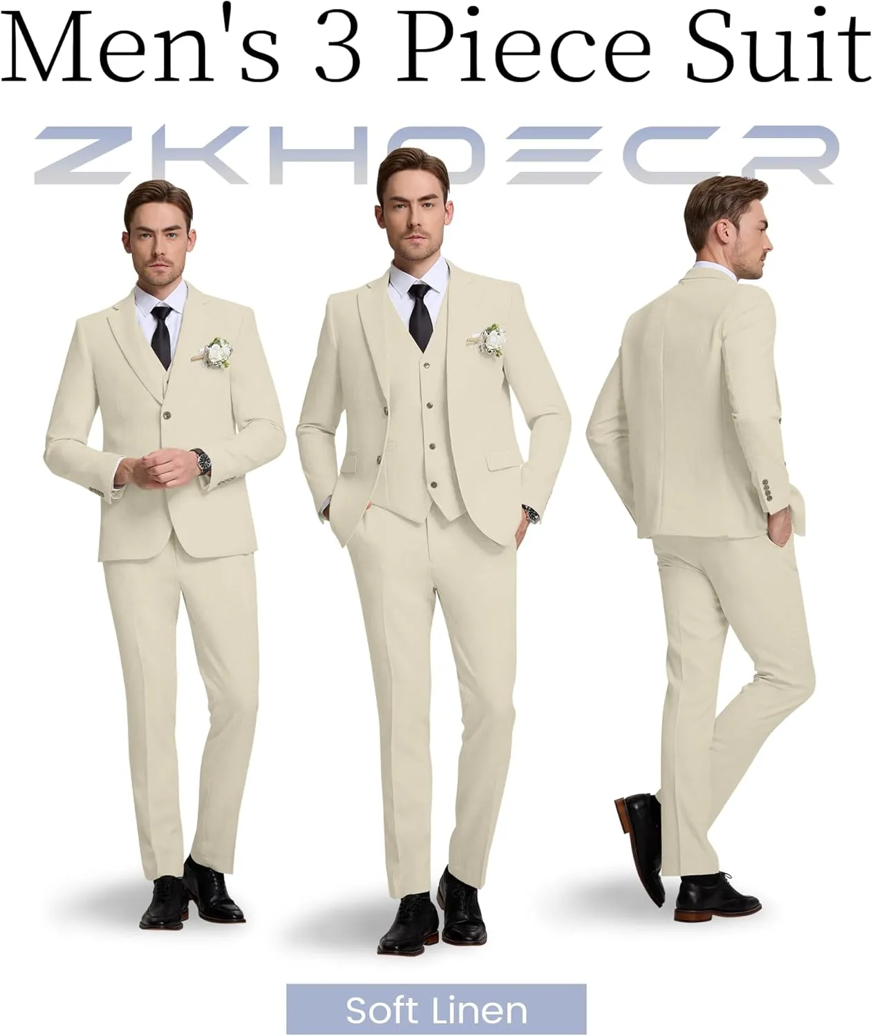 Men's Suit 3 Piece Linen Suits Slim Fit Suit Blazer Vest Pants Set Wedding Prom Tuxedos Business Casual Suit