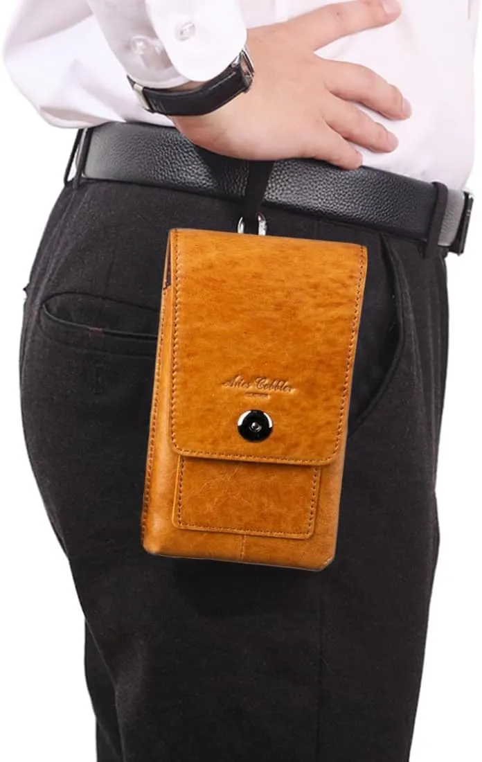 Men's Waist Belt Bag Leather Outdoor 6 inch Cellphone Pouch Business Casual Travel Silm Daypack Lightweight Black