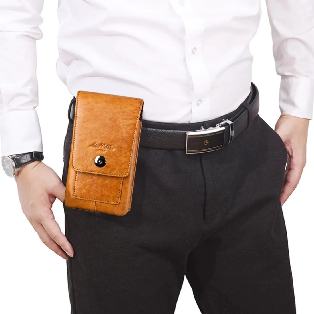 Men's Waist Belt Bag Leather Outdoor 6 inch Cellphone Pouch Business Casual Travel Silm Daypack Lightweight Black