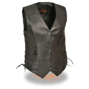 Milwaukee Leather-SH2045-Ladies Black Snap Front Vest with Thin Braid