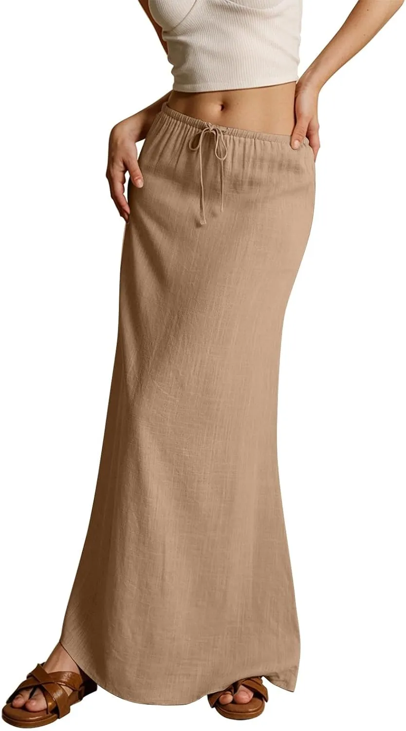 NBXNZWF Linen Skirts for Women 2025 Trendy Summer Low Rise A-Line Maxi Skirts Drawstring Waist Flowy Beach Cover Up Outfit