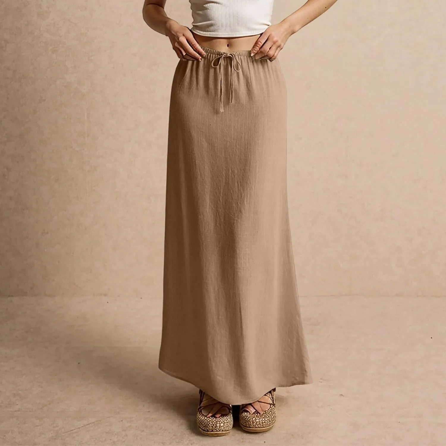 NBXNZWF Linen Skirts for Women 2025 Trendy Summer Low Rise A-Line Maxi Skirts Drawstring Waist Flowy Beach Cover Up Outfit