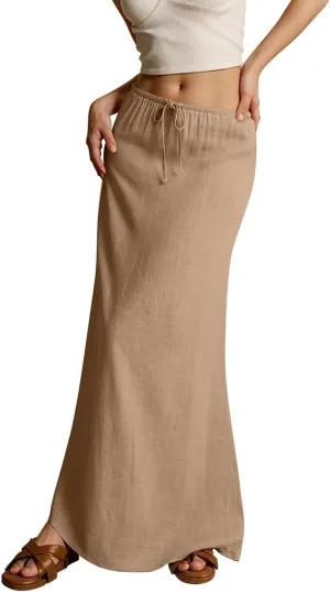 NBXNZWF Linen Skirts for Women 2025 Trendy Summer Low Rise A-Line Maxi Skirts Drawstring Waist Flowy Beach Cover Up Outfit