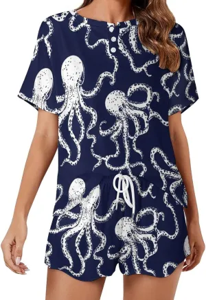 Octopuss Dark Blue Pajamas Sets for Women Stylish Short Sleeve Sleepwear Loungewear