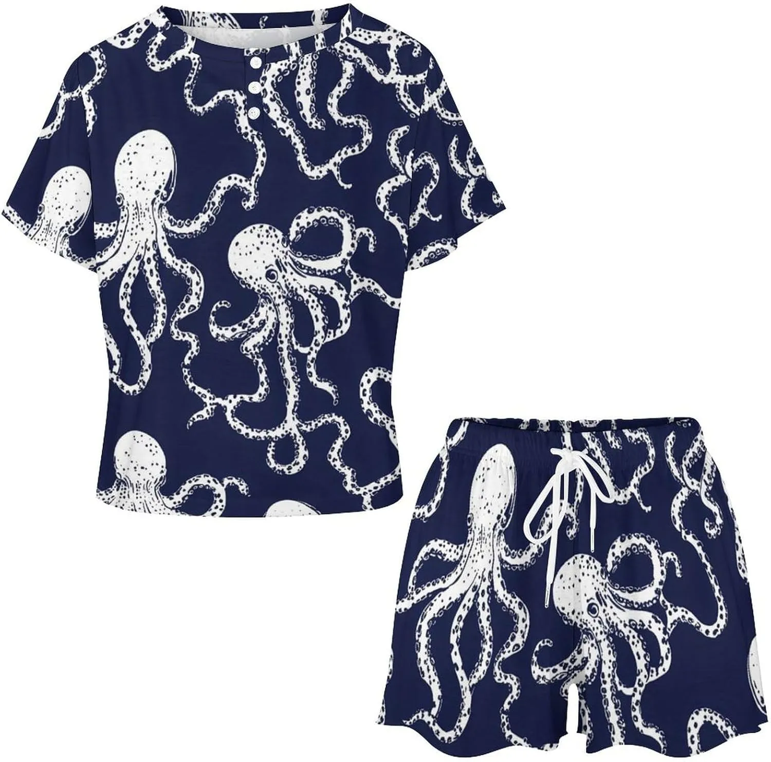 Octopuss Dark Blue Pajamas Sets for Women Stylish Short Sleeve Sleepwear Loungewear